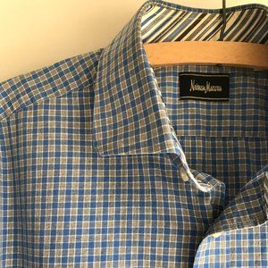 Neiman Marcus Mens Button Down Shirt Blue Grey Check